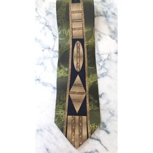 Fratelli 100% Silk Necktie Men Olive Green Gold Geometric Abstract Made in Italy